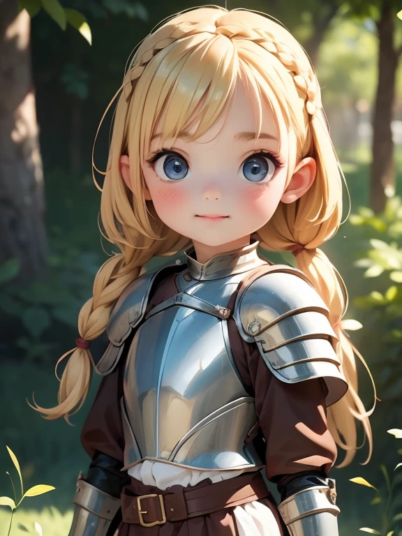 Ultra realistic girl,8-year-old, Very short stature,Long blonde hair with braided bangs,Medieval knight armor,Long Spear,Flat Chest , leather panties,Garter belt long socket nothing face,sexy,Dungeons ,