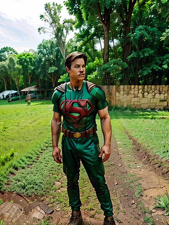 The photo was taken in a rural area. The vegetation is lush and green, and the trees are tall and shady. The ground was covered in dirt and grass. There's a building in the background, but it's too far away to see any details. The man in the photo is wearing a superhero outfit, indicating that the weather is warm.