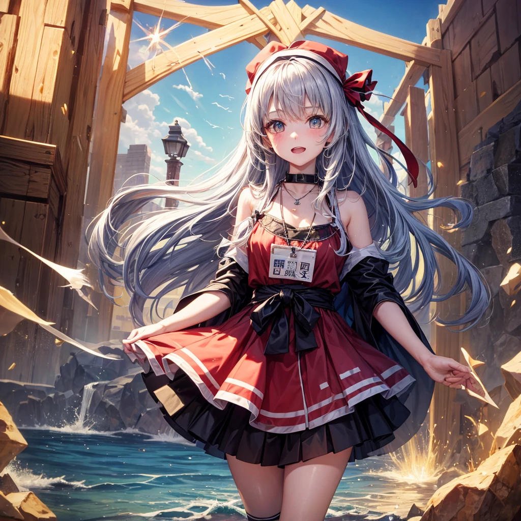Red Blue Hair、Golden Eyes、Braid、One good looking girl、solo、anime、Checkered mini skirt、Ruffles on the skirt、Red T-shirt、Cape、Gothic、Black knee-high socks、Wearing a baseball cap、Wearing a ribbon、Ribbon on waist、Tilting face、Teeth are visible、Sunset sky、Piercing the clouds、Contrail、Cumulonimbus、Pillar of Light、Silver coin necklace、A world of light、shine、Tap from above、bell、torii、Desert Oasis、water is gushing out、Wearing a name tag、Sparks are flying