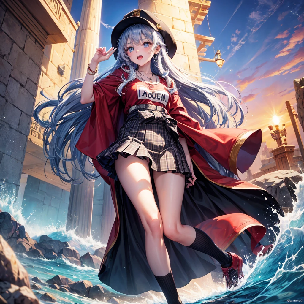 Red Blue Hair、Golden Eyes、Braid、One good looking girl、solo、anime、Checkered mini skirt、Ruffles on the skirt、Red T-shirt、Cape、Gothic、Black knee-high socks、Wearing a baseball cap、Wearing a ribbon、Ribbon on waist、Tilting face、Teeth are visible、Sunset sky、Piercing the clouds、Contrail、Cumulonimbus、Pillar of Light、Silver coin necklace、A world of light、shine、Tap from above、bell、torii、Desert Oasis、water is gushing out、Wearing a name tag、Sparks are flying