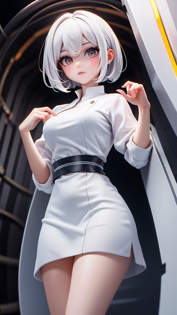 Beautiful woman is shown to have a athletic figure, she is wearing a beautiful nsfw dress, (aafranziska, light blue hair:1.5), ascot, puffy sleeves, pencil skirt, pantyhose, black gloves, jewelry, earrings, (black bunny ears:1.4), black lips, (angry, tears:1.4),, girl standing in a gala ballroom, sexy session, (arms behind back:1.4), exposed cleavage, (pregnant:!.4), cowboy shot, superior quality, many details, realistic