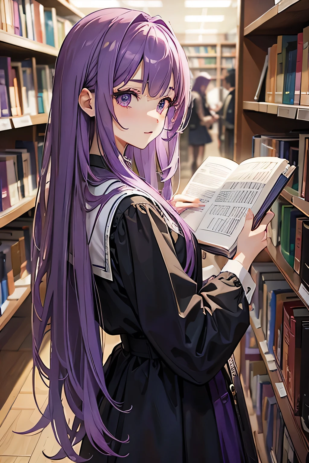 Purple Hair、Long Hair、Reading lover、Demure、proper clothing、University Library