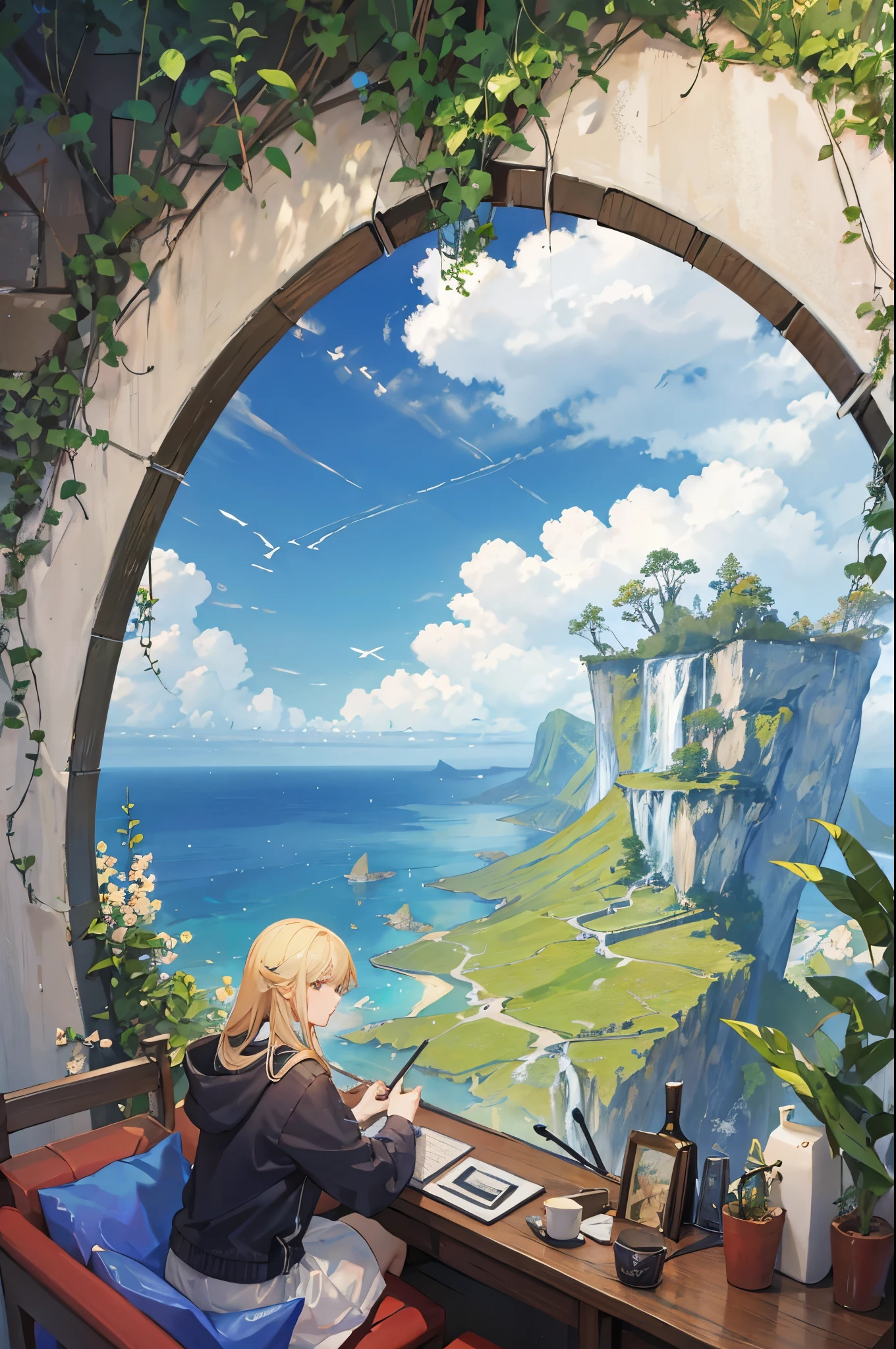 (masterpiece, highest quality, highest quality), 8k,Fictional World,Many islands floating in the sky,grassland,wood々,Waterfall cascading down from the island,blue sky,cloud,Fantastic,Soft colors,bright
