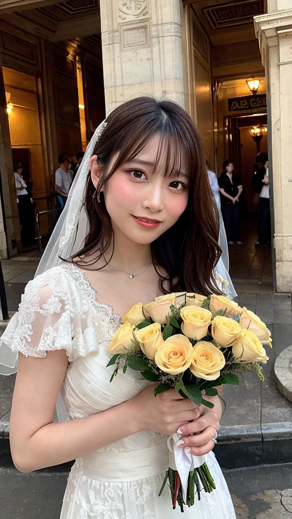 (highest quality,masterpiece:1.3,超A high resolution,),(Ultra-detailed,Caustics),(Photorealistic:1.4,RAW shooting,)Ultra-Realistic Capture,Very detailed,High resolution 16K human skin closeup。 The skin texture is natural、,Pores、It must be detailed enough to be easily identifiable.。 Skin should look healthy and have an even tone。 Use natural light and color,1 girl,Japanese,cute,22 years old,Laughs and Tears,Looking into the camera,Natural brown hair,Half Up,Medium sized breasts,Wedding Veil,Pure white wedding dress,Holding a bouquet,Stand upright,Looking into the camera,Flooded with light,Front view,View from the front,Cowboy Shot,Low position,Advantageous perspective natural light,(Arc de Triomphe in Paris:1.55)