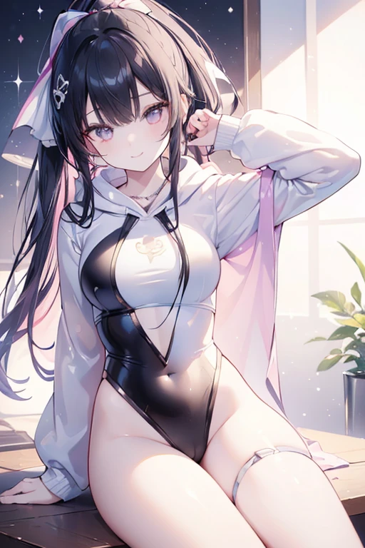 ((on the table)), best quality, absurd, Super detailed, holographic, Cowboy shooting, dynamic poses, golden ratio, Super Lovely Girl, girl, extremely beautiful, super beautiful asian girl,With super beautiful purple eyes, Super beautiful white hair, shiny skin, high ponytail, Good and harmonious , Slender and delicate figure, Perfect body, Wearing a white crop top with a super tight print, Lovely( Reasonable design, clear lines, high definition,best quality, Very detailed, on the table, Lighting effects, 4K )、(Hooded sweatshirt、long sleeve hoodie、(pastel colors:1.5)、(Lovely illustration:1.5)(1 girl in:1.0)、White background、girl with、Whole BodyEsbian、black and red pattern、Natural light、Lovely,、long hair, black hair、Red bangs、Partial redhead、A black hair、(blue eyes:1.0)、shorts、Whole BodyEsbian, fantasy, detailed picture、smile slightly、Very cute、Lovely、Feng and Feng、smile slightly、best smile,top quality, masterpiece,hair accessories, necklace, jewelry, pretty face, calm smile, , Tyndall effect,edge lighting, two color lights, (HD skin:1.2), 8K Ultra HD, soft light, high quality, Volumetric lighting, confess, photography, high resolution, 4k, 8k, Bokeh,boots,Very tall,Straps,dress,full-body shot