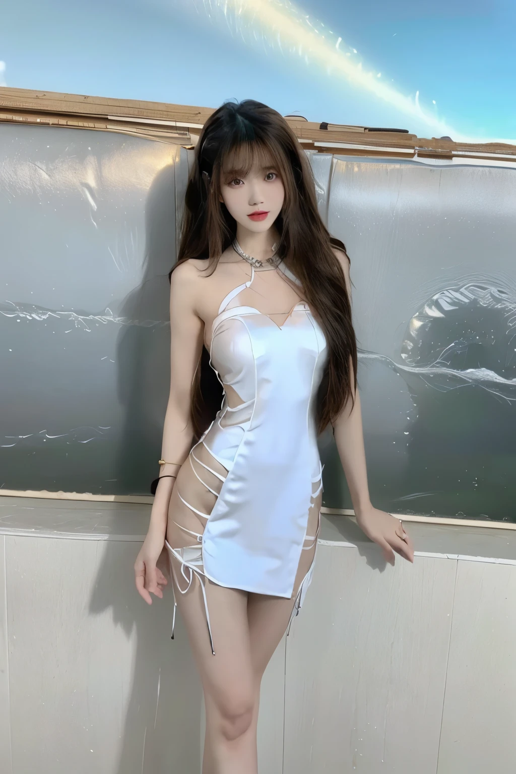 Beautiful woman with perfect body:1.4,Layered Hairstyle,Highly detailed face and skin textures,Double eyelids,Skin Whitening,Long hair,Whitened long legs,(cheongsam,Chest chain),Standing by the sea,Half-length photo