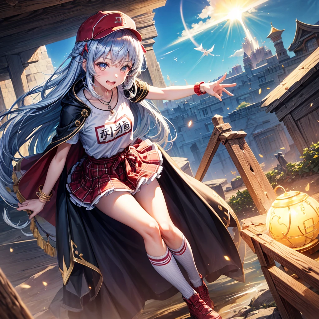 Red Blue Hair、Golden Eyes、Braid、One good looking girl、solo、anime、Checkered mini skirt、Ruffles on the skirt、Red T-shirt、Cape、Gothic、Black knee-high socks、Wearing a baseball cap、Wearing a ribbon、Ribbon on waist、Tilting face、Teeth are visible、Sunset sky、Piercing the clouds、Contrail、Cumulonimbus、Pillar of Light、Silver coin necklace、A world of light、shine、From above、bell、torii、Desert Oasis、water is gushing out、Wearing a name tag、Sparks are flying