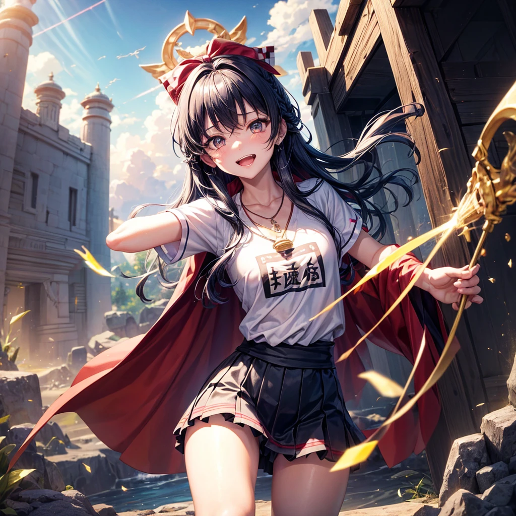 Red Blue Hair、Golden Eyes、Braid、One good looking girl、solo、anime、Checkered mini skirt、Ruffles on the skirt、Red T-shirt、Cape、Gothic、Black knee-high socks、Wearing a baseball cap、Wearing a ribbon、Ribbon on waist、Tilting face、Teeth are visible、Sunset sky、Piercing the clouds、Contrail、Cumulonimbus、Pillar of Light、Silver coin necklace、A world of light、shine、From above、bell、torii、Desert Oasis、water is gushing out、Wearing a name tag、Sparks are flying