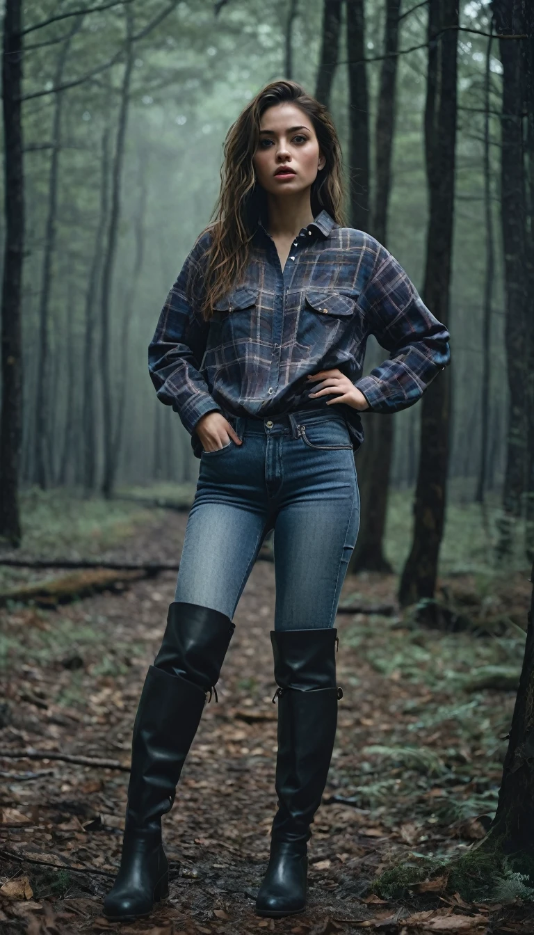 a woman in a forest, tight flannel shirt, over-knee boots, shame expression, messy jeans, documentary drama photo, grainy film photo, masterpiece, muted colors, muffled light, dusk, rainy, moody, noir, extremely detailed eyes and face, beautiful detailed lips, longeyelashes, photorealistic, cinematic lighting, 8k, high quality, realistic, ultra-detailed, dramatic, emotional