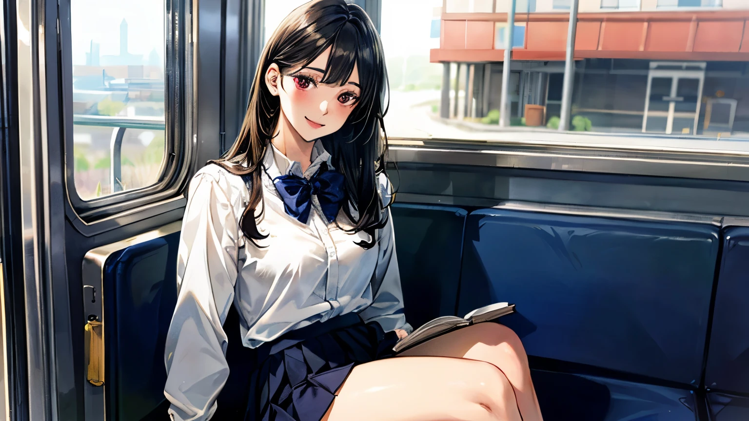 (masterpiece:1.2, highest quality), (Realistic, photoRealistic:1.4), Beautiful illustrations, (Natural Side Lighting, Cinema Lighting),
View Viewer, (Extreme close up, From the side), 1 girl, Japanese, high school girl, Perfect Face, (Perfect Anatomy), Cute and symmetrical face, Shiny skin,
(Mid-length hair, Straight hair, Black Hair), Asymmetrical bangs, Dark red eyes, Long Eyelashes, (Medium chest, Captivating thighs, Big Ass),
Beautiful Hair, Beautiful Face, Beautiful fine details, Beautiful clavicle, Beautiful body, Beautiful breasts, Beautiful thighs, Beautiful feet,
((Very detailed costume, White collared shirt, Navy Pleated Skirt, Dark red bow tie)), Navy School Bag,
(Beautiful views), Depth of written boundary, evening, (Schoolyard), walk, Leaning forward, Clenched hands, (smile, Open your mouth),sitting on train,Reading a book