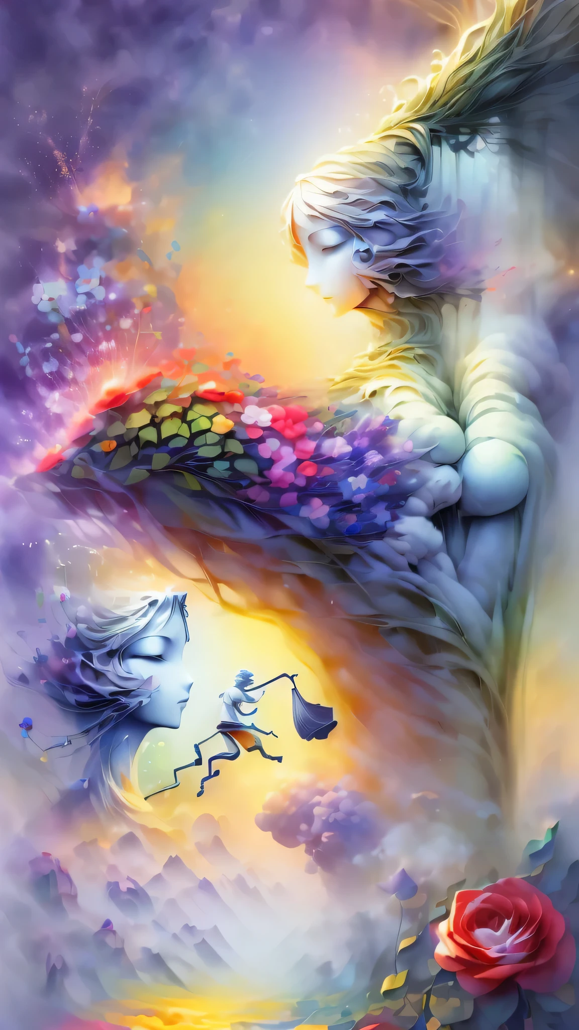 (The creator of the world, carrying a gigantic hoe on his shoulder:1.4),(Best masterpiece roses),Rainbow background, (figure:1.2,Paper Art:1.2, Zentangle:1.2, 3D Rendering),(highest quality, Detailed explanation, masterpiece, Official Art, Lighting Effects, 4K, Chiaroscuro)