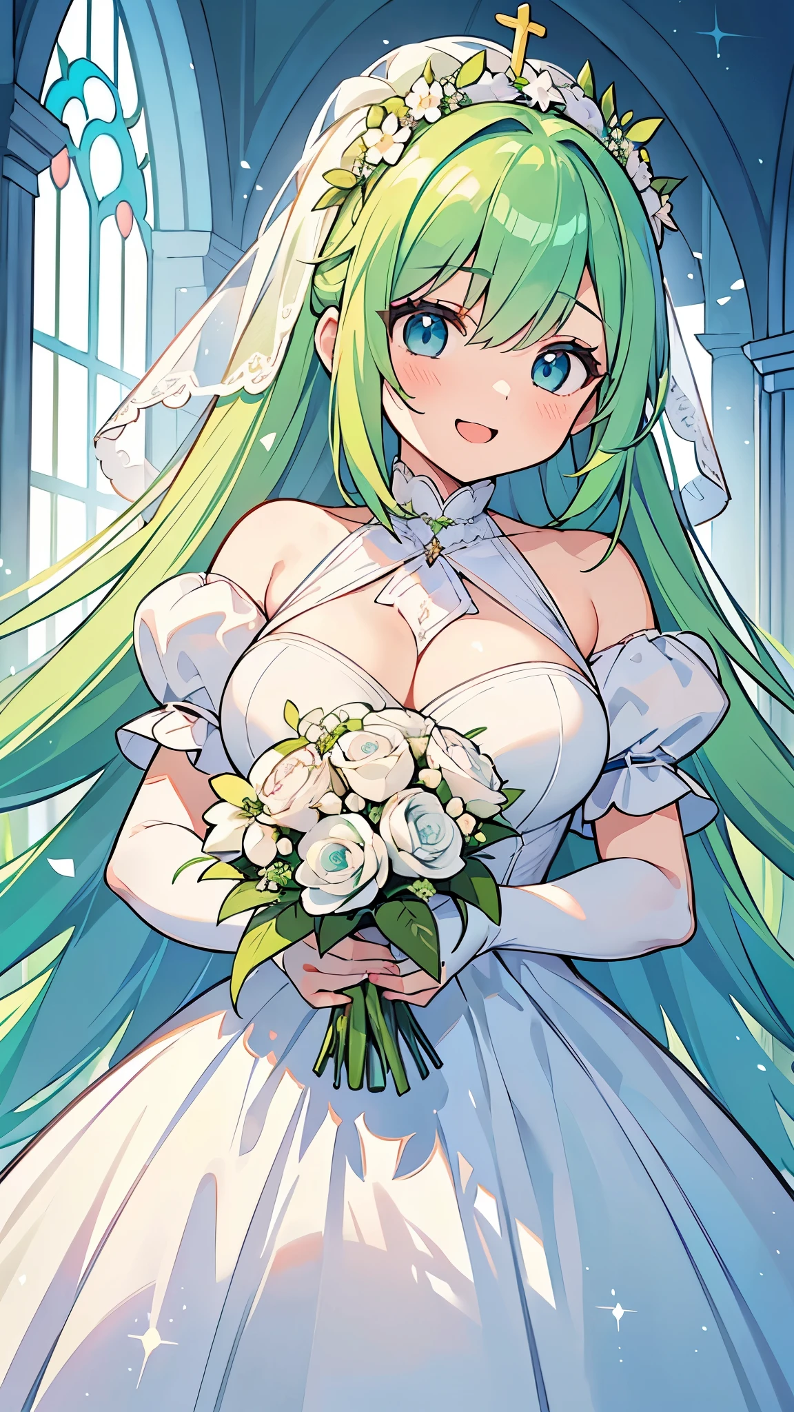 ((A Pretty girl with green hair and blue eyes)), ((wearing the white wedding dress)), with a bouquet, Baby face, ((top-quality, master piece, ultra-definition, high resolution)), anime girl, ((ultra-detailed illust:1.2)), only one person, bangs, hair between eye, beautiful hair, Beautiful eyes, medium breast, Big smile, opened mouth, in the church