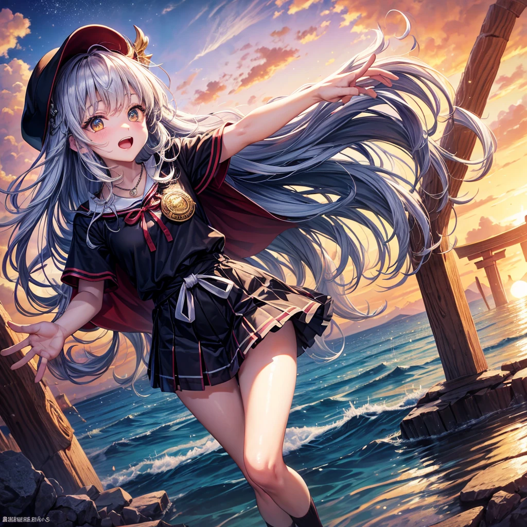 Red Blue Hair、Golden Eyes、Braid、One good looking girl、solo、anime、Checkered mini skirt、Ruffles on the skirt、Red T-shirt、Cape、Gothic、Black knee-high socks、Wearing a baseball cap、Wearing a ribbon、Ribbon on waist、Tilting face、Teeth are visible、Sunset sky、Piercing the clouds、Contrail、Cumulonimbus、Pillar of Light、Silver coin necklace、A world of light、shine、From above、bell、torii、Desert Oasis、water is gushing out、Wearing a name tag、Sparks are flying