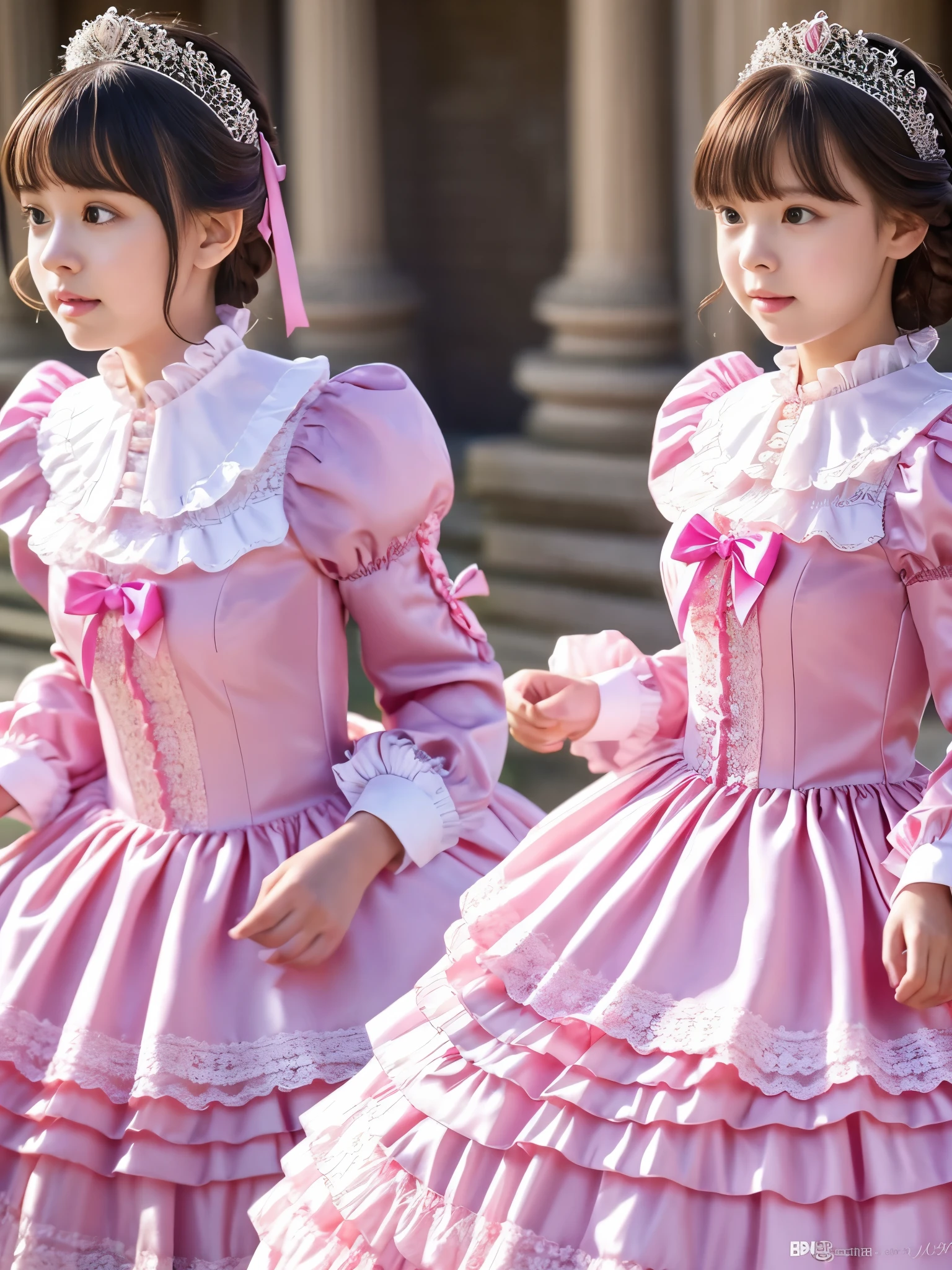 ,highest quality, masterpiece, Highest Resolution, artwork, super それにGet used to it, many Get used to it, Get used to it, それにGet used to it, 3K realistic photos,,(( little girltailed baby face,Full-length ball gown dress with princess hoop skirt,Frilled yoke collar,Ribbon woven on chest,Puff sleeves,Long slee(Lolita style hot pink detarincess satin dress、Lots of frills and ribbons。)),crazy'Colorful Fashion,Shiny silk satin dress,Soft and smooth silk satin fabric,luxury,Long blonde hair,blue eyes,White skin European,pajamas,((Inside the palace)),Happy dancing princess,Gorgeous flowing dress,Fine white ruffles and lace,Fluttering Dress,