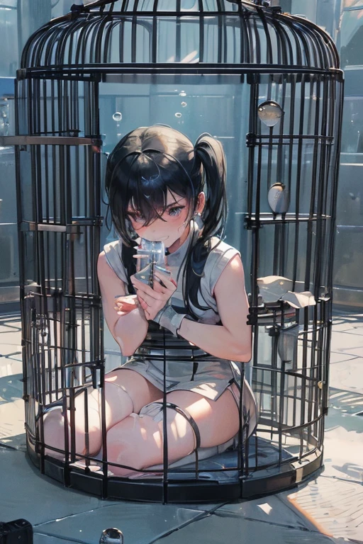 (caustics, masterpiece, best quality, high quality, ultra detailed), (black hood, black jacket, scary face, black costume, black gloves, 1girl, solo, curly, covering one eye, hair over one eye, black hair, black eyes, black skin, black, twintails, low twintails), (parody, formal, style parody, cage, Inside the Jail, in the cage:2.0), scenery, fish, bubble, blue theme, (underwater:1.5), (air bubble:1.4), (bubble blowing:1.3), blush, cowboy shot, teeth, sleeveless, armpits, hair over one eye, grin, facing viewer, beautiful, sad, grumpy, annoyed, disgust, shy, fear, tearful, crying, weeping, shedding tears, streaming tears, wiping tears, sobbing, frowning, scowl, mbarrassed, flushed, flushing, flushed cheeks, flushed face, bashful, ashamed, blushing, glaring, seiza, sitting on the floor,