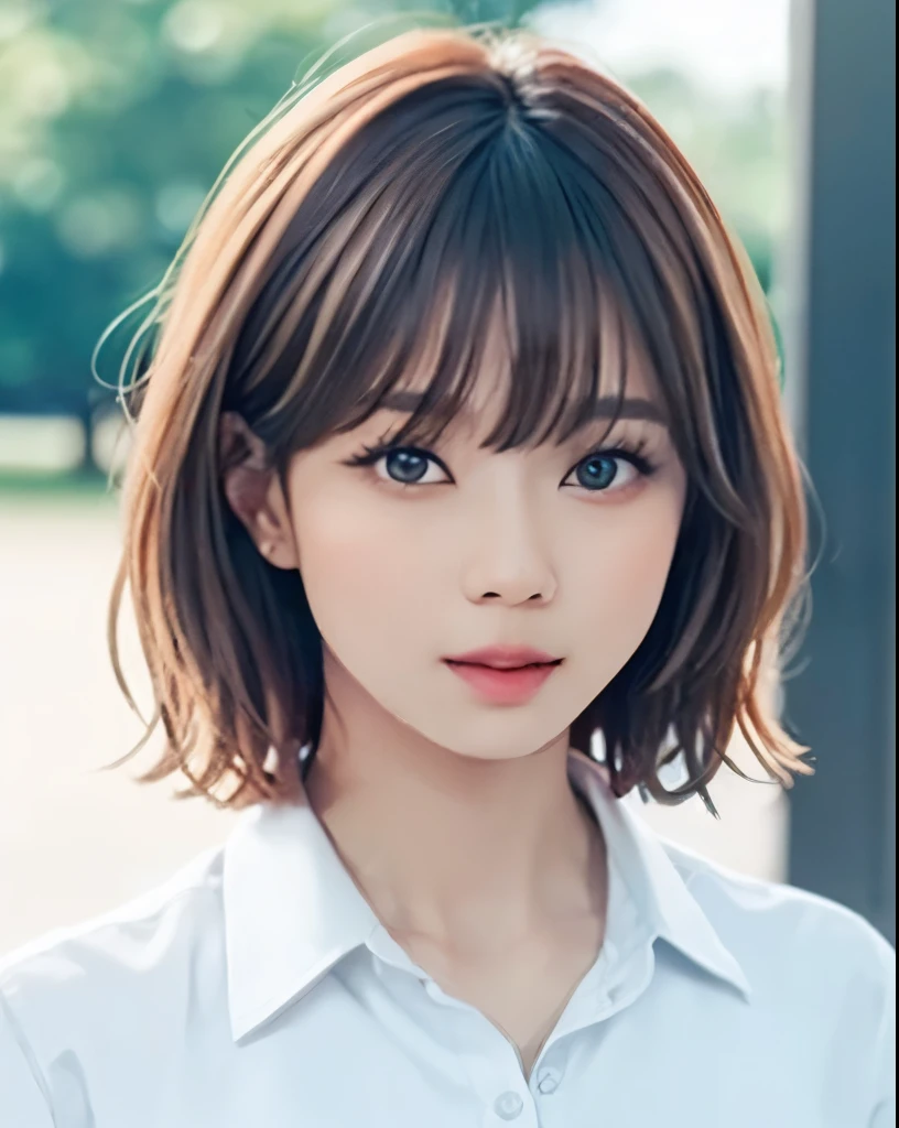 Purelos Face_v1, highest quality, Realistic, 8k, High resolution, Full Color, One girl, woman, 20 years old woman, (Mouth closed:1.43), (Skin dents), (Portraiture:0.6), wood, Park bench, Dawn, ((Park Background:1.52)), Full Color, ((White button-up shirt:1.58)), View Viewer:1.8, (One girl eyes View Viewer:1.55), (Medium Hair, Brown Hair, Parted bangs:1.45), (Bokeh),