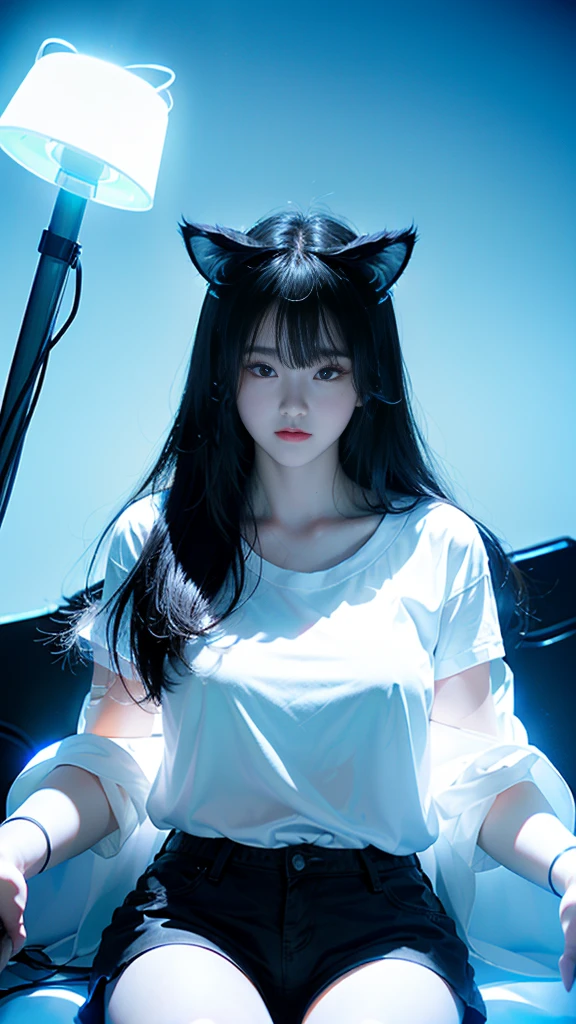 girl、Heaven、Restaurant、Black long straight hair、glowing neon lights、Electronic Game Room、sitting on gaming chair、girl子玩游戏、Illuminated keyboard、Glowing cat ears、(((UV lamps、White shirt glowing under black light)))、Plump large breasts、University of Kili、Satin shorts