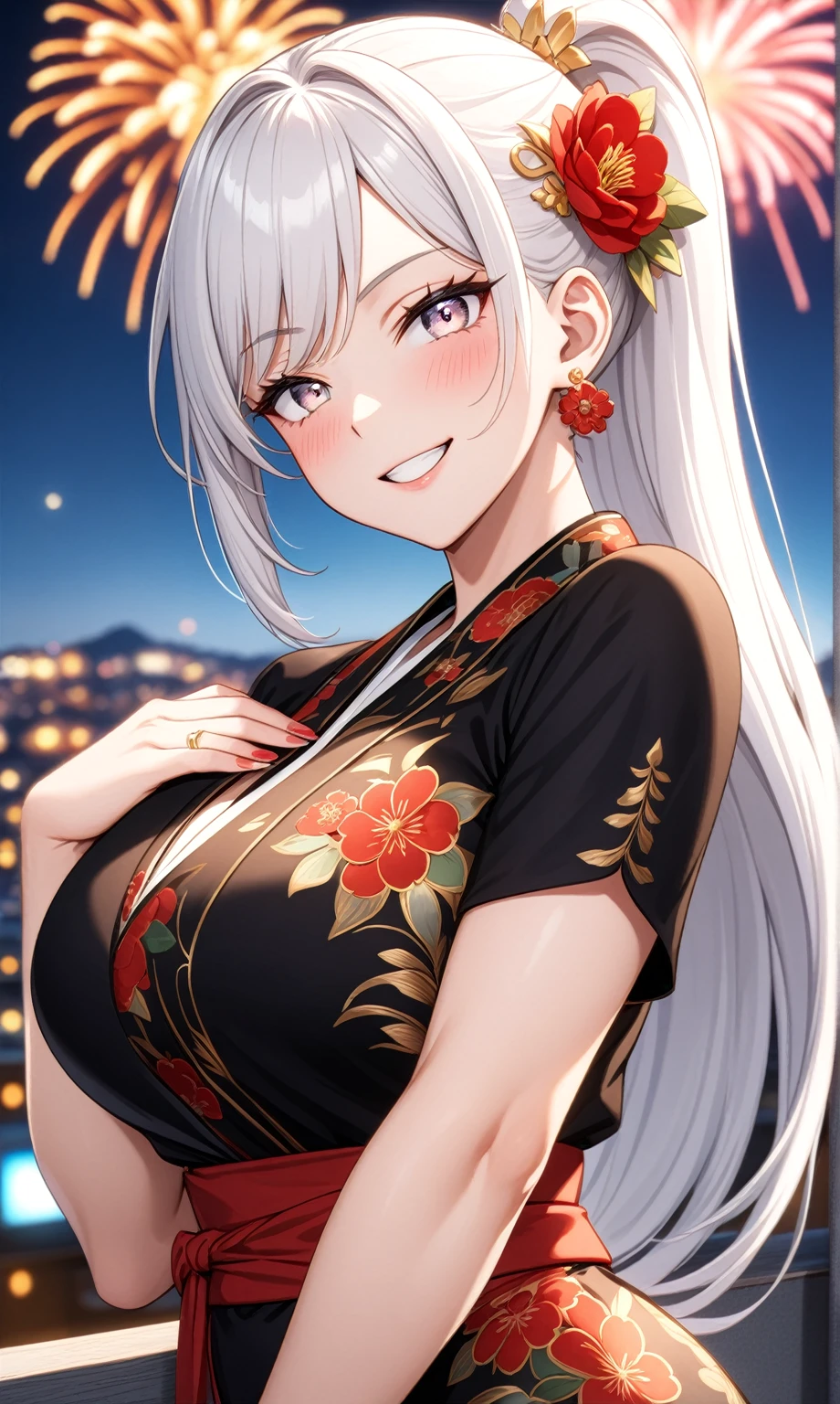 ((one personの女性)), Beautiful Face,Laughing embarrassedly,((Wink:2.0)),Laughing with your mouth open,((Bright red cheeks:1.3)),Glossy pink lips,night,Rooftop festival,firework,Ocean,((Anime style background)),masterpiece, highest quality, so beautiful, Latest, Complex details, (Pink long nails),(ring),AI-generated, Complex,High resolution, highest quality, super high quality,3D Images、View your viewers、3D Images,one person,Long white hair,High Ponytail,blue eyes,Anime woman posing for a photo, ((Fine grain、Silvery white colorful eyes、Shining Eyes:1.4)),(Squint your eyes:1.1),a hyperRealistic , hyperRealistic , Realistic,Anime woman with long and white hair, Smooth anime CG art, A woman in a colorful kimono with gold embroidery, (Black kimono),Red floral pattern,Long flower hair ornament,Big earrings,Mature Body,(Big Breasts:1.1),Tall,Big Ass,Fine details,Narrow waist,Abdominal muscles,(Face close-up:1.5),