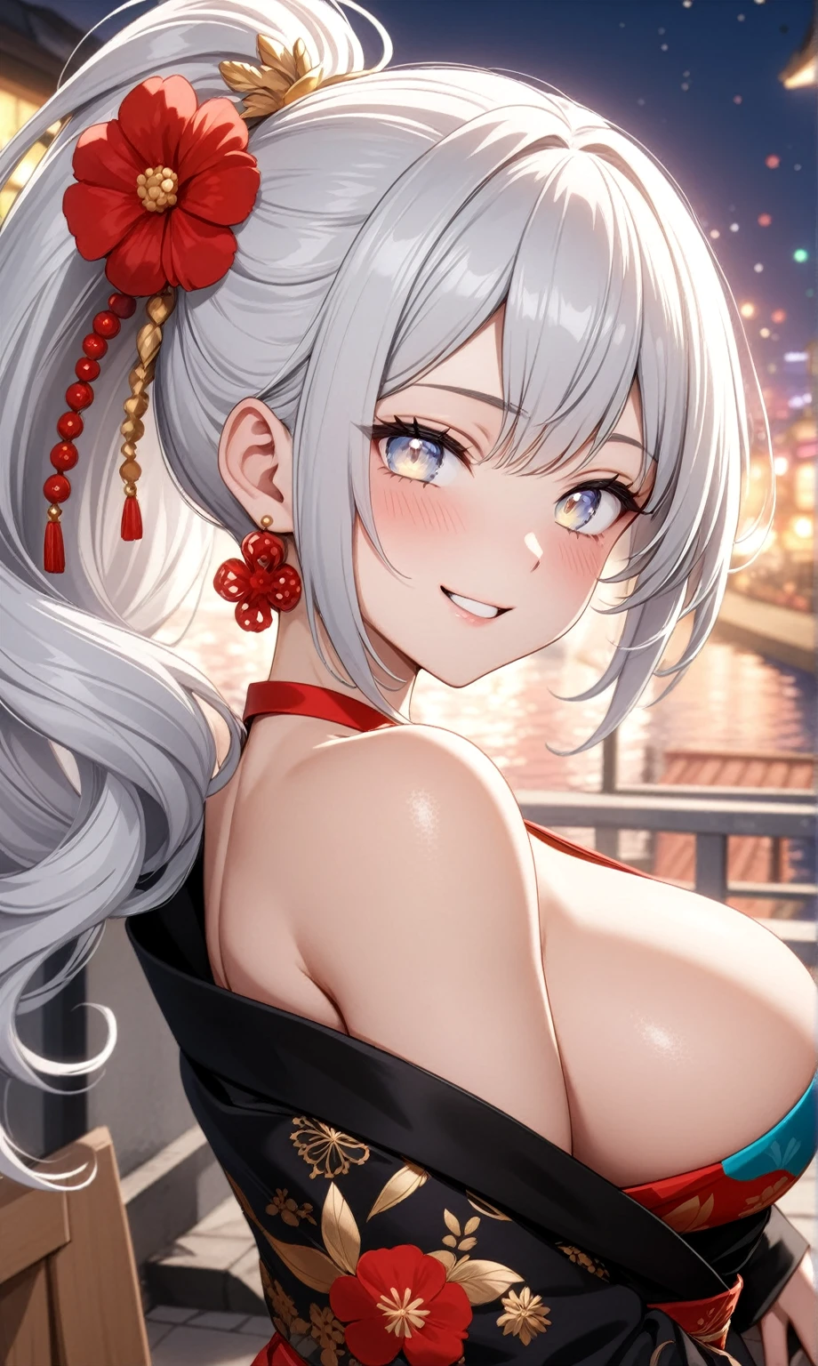 ((one personの女性)), Beautiful Face,Laughing embarrassedly,((Wink:2.0)),Laughing with your mouth open,((Bright red cheeks:1.3)),Glossy pink lips,night,Rooftop festival,firework,Ocean,((Anime style background)),masterpiece, highest quality, so beautiful, Latest, Complex details, (Pink long nails),(ring),AI-generated, Complex,High resolution, highest quality, super high quality,3D Images、View your viewers、3D Images,one person,Long white hair,High Ponytail,blue eyes,Anime woman posing for a photo, ((Fine grain、Silvery white colorful eyes、Shining Eyes:1.4)),(Squint your eyes:1.1),a hyperRealistic , hyperRealistic , Realistic,Anime woman with long and white hair, Smooth anime CG art, A woman in a colorful kimono with gold embroidery, (Black kimono),Red floral pattern,Long flower hair ornament,Big earrings,Mature Body,(Big Breasts:1.1),Tall,Big Ass,Fine details,Narrow waist,Abdominal muscles,(Face close-up:1.5),