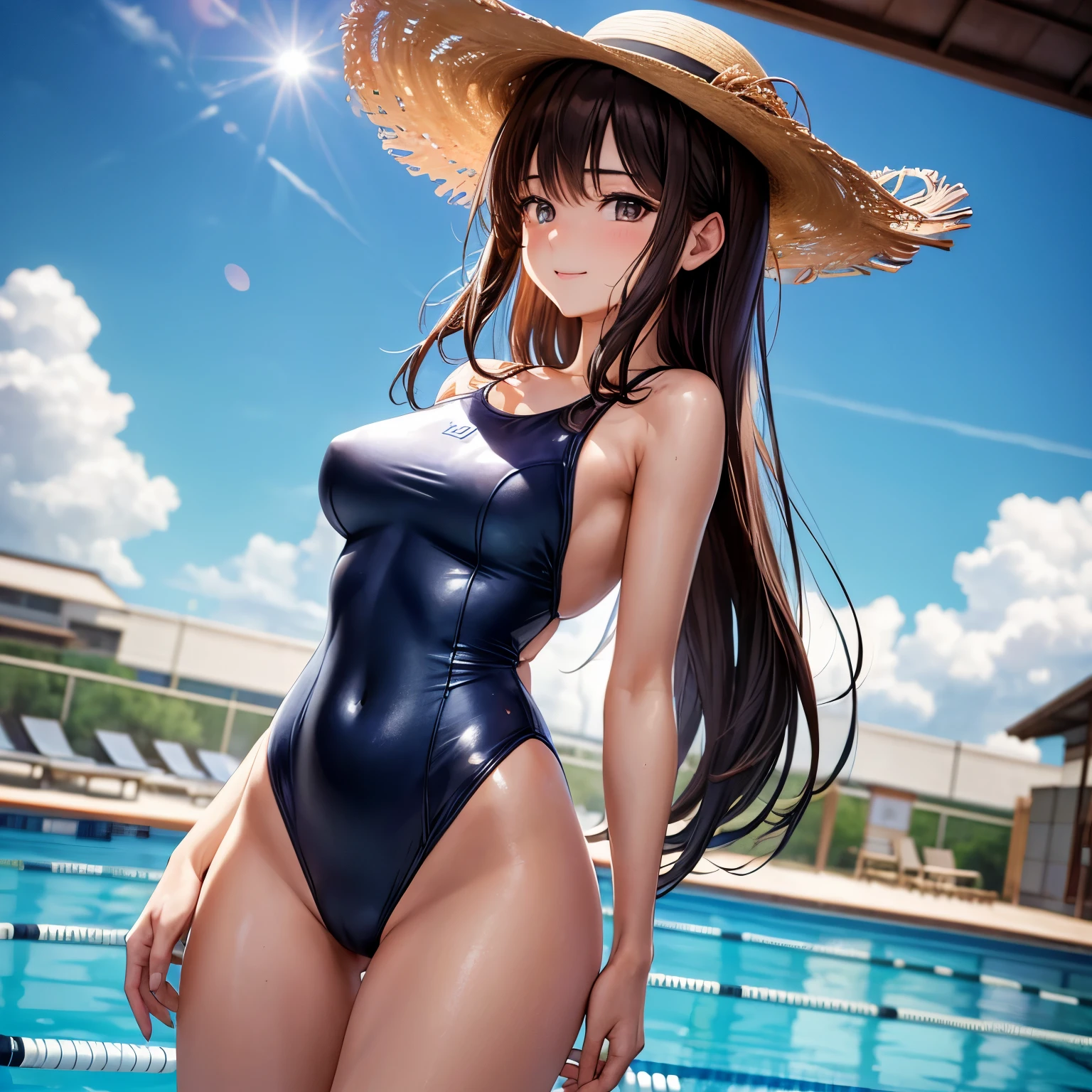 (4K,masterpiece,best quality),cowboy shot,on school pool side,semi-long hair,medium hair,long hair,brown hair,detailed face,light smile,shy,(fullpage of (a japanese women)),(35 years old):1.2,slender body,finely detailed skin,beautiful eyes,medium breast,beautiful hips,back shot,(wet compression one piece fullback swimsuit),leaning front,looking back,