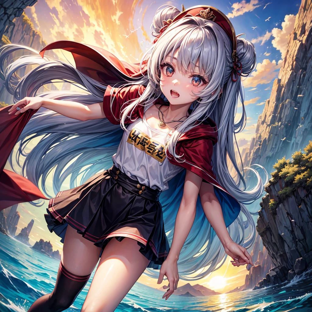 Red Blue Hair、Golden Eyes、Braid、One good looking girl、solo、anime、Checkered mini skirt、Ruffles on the skirt、Red T-shirt、Cape、Gothic、Black knee-high socks、Wearing a baseball cap、Wearing a ribbon、Ribbon on waist、Tilting face、Teeth are visible、Sunset sky、Piercing the clouds、Contrail、Cumulonimbus、Pillar of Light、Silver coin necklace、A world of light、shine、From above、bell、torii、Desert Oasis、water is gushing out、Wearing a name tag、Sparks are flying