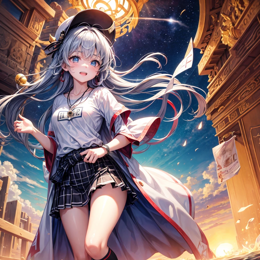 Red Blue Hair、Golden Eyes、Braid、One good looking girl、solo、anime、Checkered mini skirt、Ruffles on the skirt、Red T-shirt、Cape、Gothic、Black knee-high socks、Wearing a baseball cap、Wearing a ribbon、Ribbon on waist、Tilting face、Teeth are visible、Sunset sky、Piercing the clouds、Contrail、Cumulonimbus、Pillar of Light、Silver coin necklace、A world of light、shine、From above、bell、torii、Desert Oasis、water is gushing out、Wearing a name tag、Sparks are flying