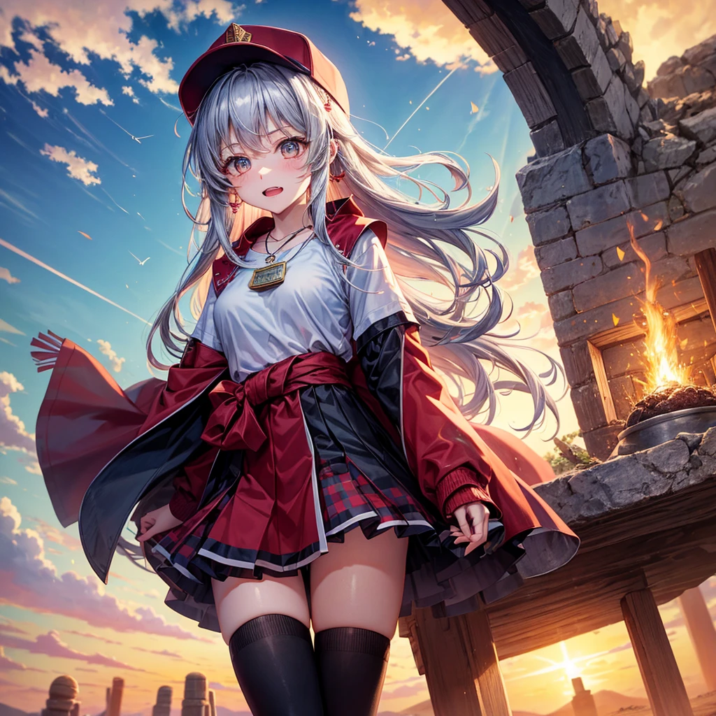 Red Blue Hair、Golden Eyes、Braid、One good looking girl、solo、anime、Checkered mini skirt、Ruffles on the skirt、Red T-shirt、Cape、Gothic、Black knee-high socks、Wearing a baseball cap、Wearing a ribbon、Ribbon on waist、Tilting face、Teeth are visible、Sunset sky、Piercing the clouds、Contrail、Cumulonimbus、Pillar of Light、Silver coin necklace、A world of light、shine、From above、bell、torii、Desert Oasis、water is gushing out、Wearing a name tag、Sparks are flying