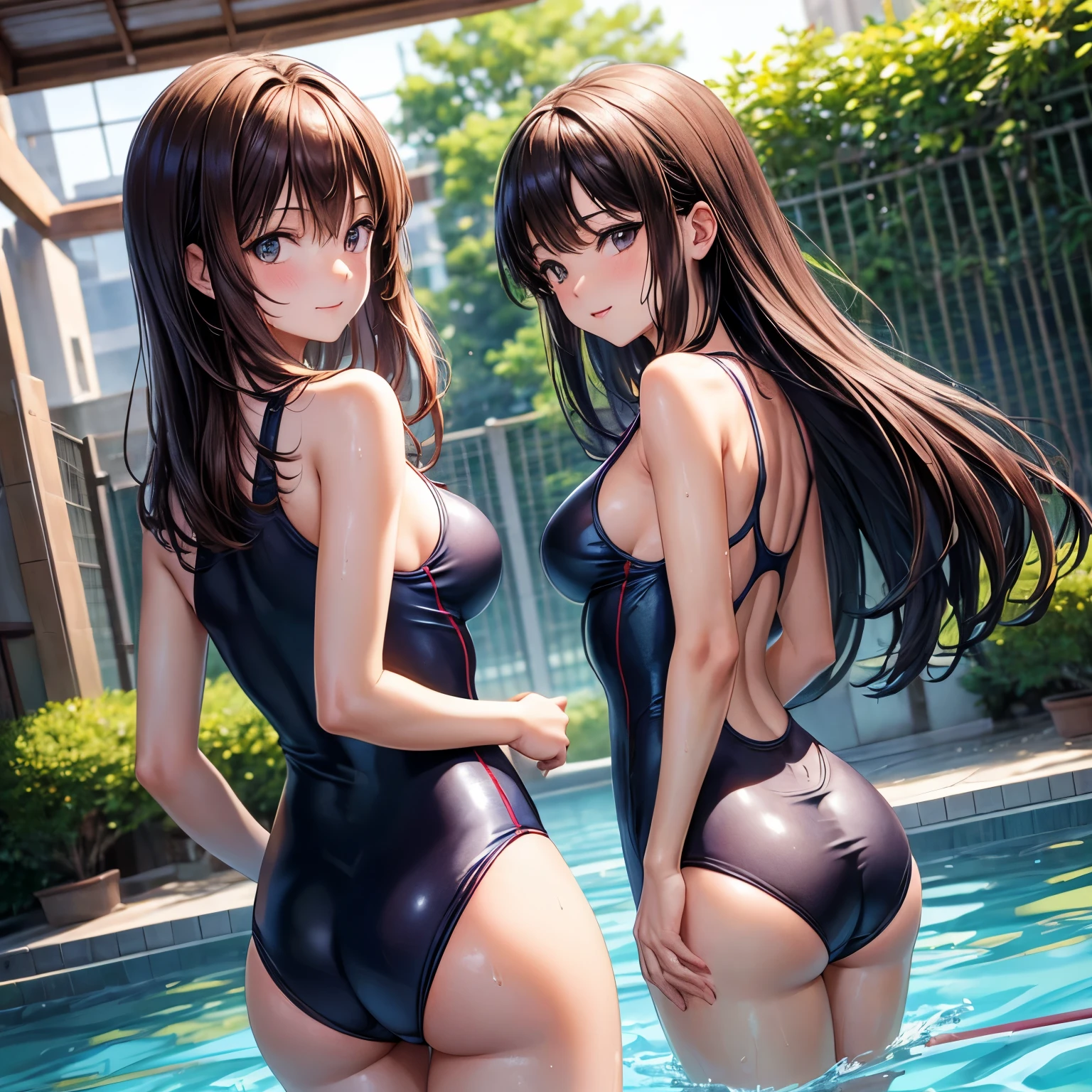 (4K,masterpiece,best quality),cowboy shot,on school pool side,semi-long hair,medium hair,long hair,brown hair,detailed face,light smile,shy,(fullpage of (a japanese women)),(35 years old):1.2,slender body,finely detailed skin,beautiful eyes,medium breast,beautiful hips,back shot,(wet compression one piece fullback swimsuit),leaning front,looking back,