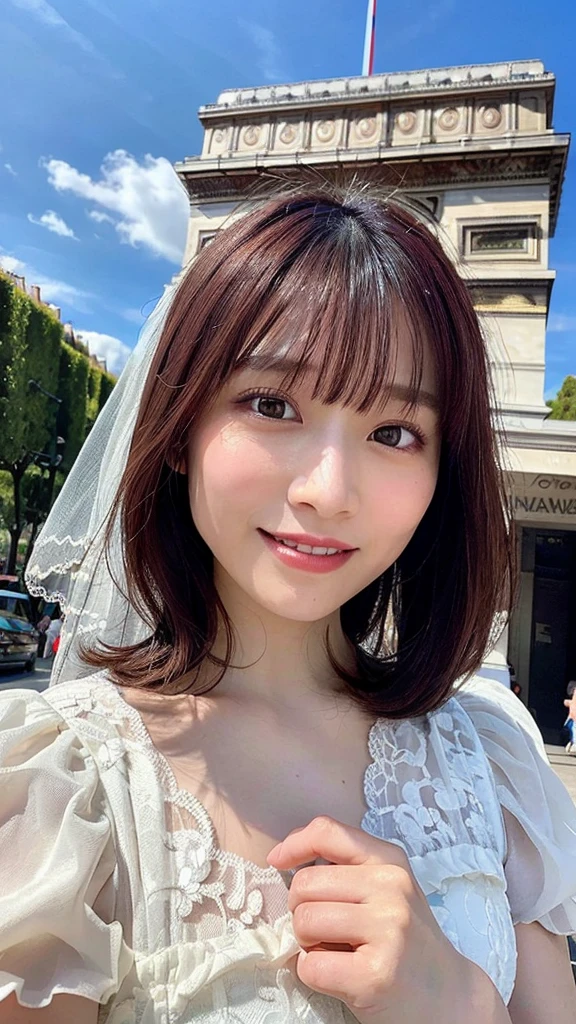 (highest quality,masterpiece:1.3,超A high resolution,),(Ultra-detailed,Caustics),(Photorealistic:1.4,RAW shooting,)Ultra-Realistic Capture,Very detailed,High resolution 16K human skin closeup。 The skin texture is natural、,Pores、It must be detailed enough to be easily identifiable.。 Skin should look healthy and have an even tone。 Use natural light and color,1 girl,Japanese,cute,22 years old,Laughs and Tears,Looking into the camera,Natural brown hair,Half Up,Medium sized breasts,Wedding Veil,Pure white wedding dress,Holding a bouquet,Stand upright,Looking into the camera,Flooded with light,Front view,View from the front,Cowboy Shot,Low position,Advantageous perspective natural light,(Arc de Triomphe in Paris:1.55),(Droopy eyes, Natural Makeup、Ultra-high definition beauty face:1.25)、(Ultra high resolution perfect beautiful teeth, Mid-chest, Tight waist, smile:1.15)、Ultra HD Shining Eyes、Super high quaHigh resolution 16K human skin closeup。