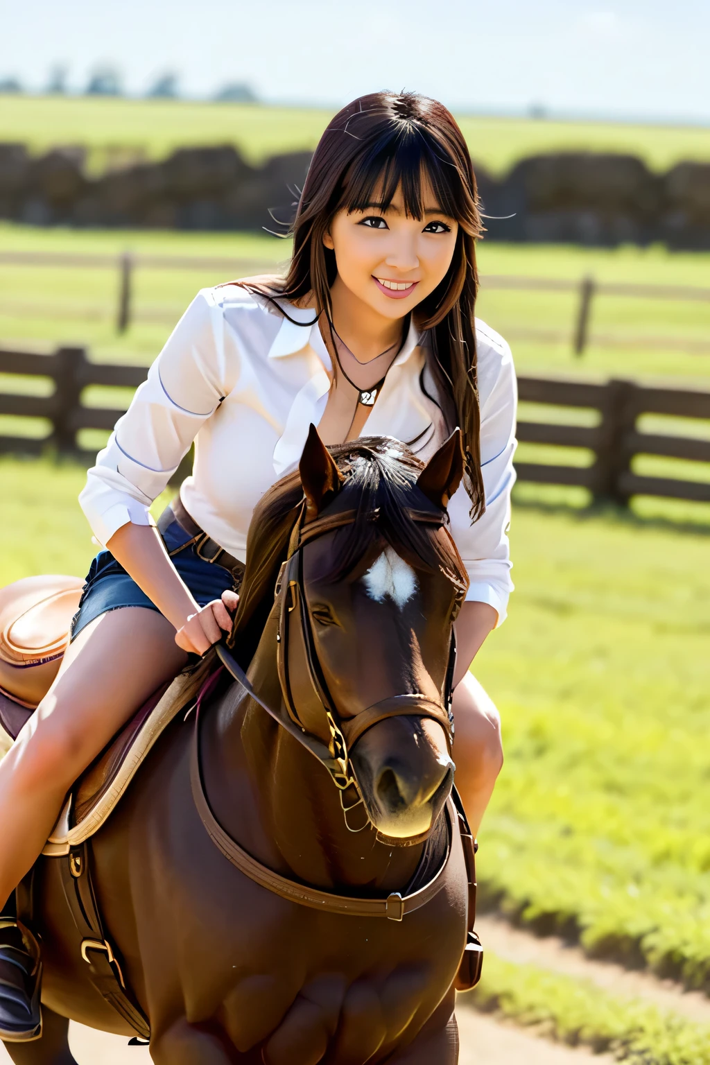 The image is、It shows a woman riding a horse in an open field. The woman is dressed in cowboy clothes. She has long black hair flowing down her back. her face is beautiful and expressive, With dark eyes and a bright smile. horses are large and muscular,
A 25 year old woman sits on a horse with a confident and sure posture.
Offers views of open fields and blue skies. The sun is shining, and the landscape is vibrant. strength and beauty.