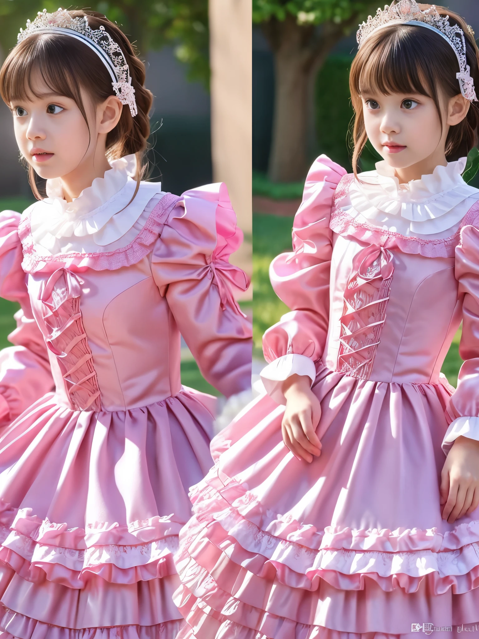 ,highest quality, masterpiece, Highest Resolution, artwork, super それにGet used to it, many Get used to it, Get used to it, それにGet used to it, 3K realistic photos,,((10 year old )),Super detailed baby face,Full-length ball gown dress with princess hoop skirt,Frilled yoke collar,Ribbon woven on chest,Puff sleeves,Long sleeve,((Lolita stylt pink detailed princess satin dress、Lots of frills and ribbons。)),crazy'Colorful Fashion,Shiny silk satin dress,Soft and smooth silk satin fabric,luxury,Long blonde hair,blue eyes,White skin European,pajamas,((Inside the palace)),Happy dancing princess,Gorgeous flowing dress,Fine white ruffles and lace,Fluttering Dress,