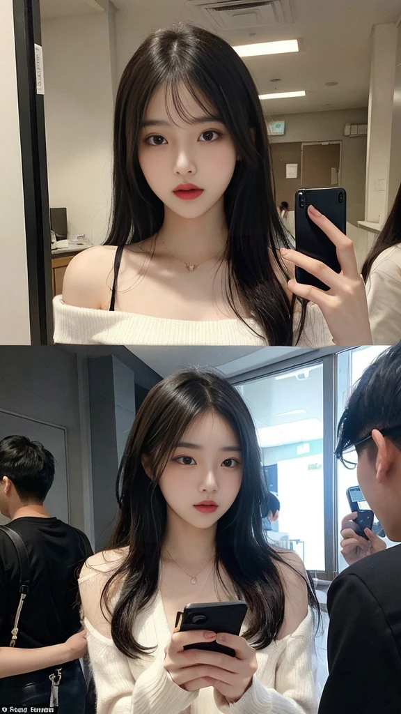 (high quality), (NSFW:1.2), split screen, A delinquent, mature high school girl and a Korean adult man enjoying a smartphone chat app, Her smartphone display shows a number of Korean adult men chatting to a high school girl., Their chat language is English, Men are waiting for her response, popup window, And there is a man, This man is requesting a chat with her on the smartphone screen. Chat takes place alternately between women and men..