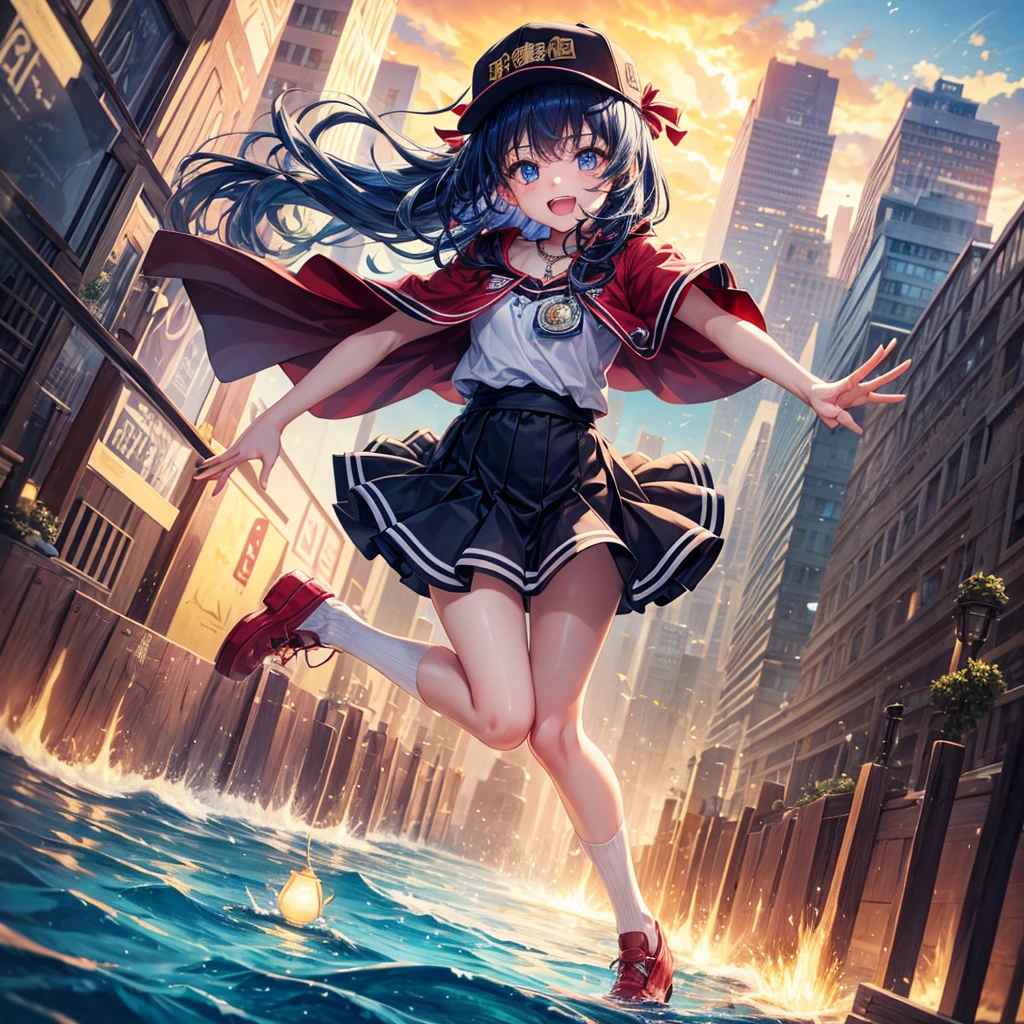 Red Blue Hair、Golden Eyes、Braid、One good looking girl、solo、anime、Checkered mini skirt、Ruffles on the skirt、Red T-shirt、Cape、Gothic、Black knee-high socks、Wearing a baseball cap、Wearing a ribbon、Ribbon on waist、Tilting face、Teeth are visible、Sunset sky、Piercing the clouds、Contrail、Cumulonimbus、Pillar of Light、Silver coin necklace、A world of light、shine、From above、bell、torii、Desert Oasis、water is gushing out、Wearing a name tag、Sparks are flying