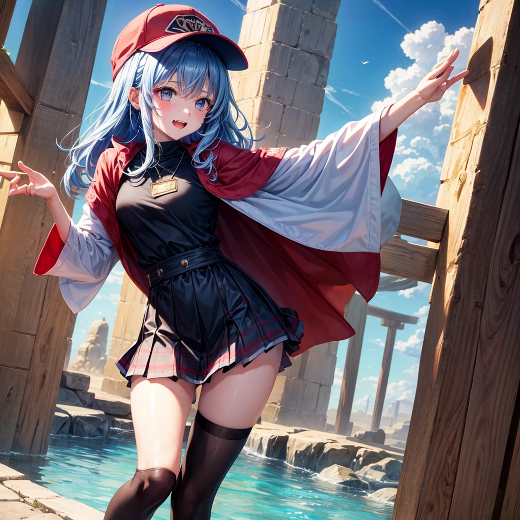 Red Blue Hair、Golden Eyes、Braid、One good looking girl、solo、anime、Checkered mini skirt、Ruffles on the skirt、Red T-shirt、Cape、Gothic、Black knee-high socks、Wearing a baseball cap、Wearing a ribbon、Ribbon on waist、Tilting face、Teeth are visible、Sunset sky、Piercing the clouds、Contrail、Cumulonimbus、Pillar of Light、Silver coin necklace、A world of light、shine、From above、bell、torii、Desert Oasis、water is gushing out、Wearing a name tag、Sparks are flying