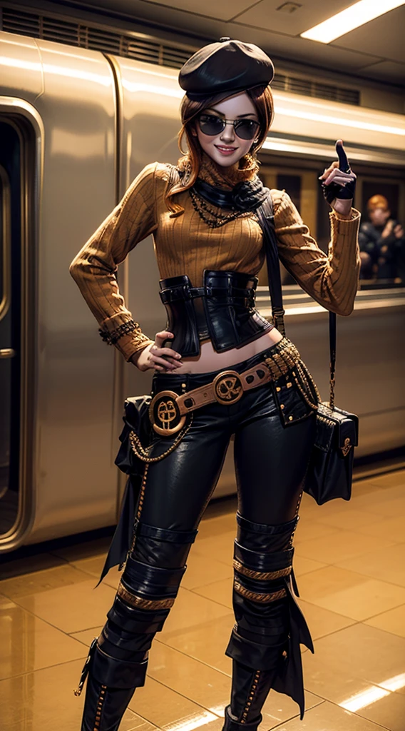 masterpiece, best quality:1.2), cowboy shot, solo, 1girl, coco adel, grin, looking at viewer, hand on hip, beret, sunglasses, orange sweater, corset, black gloves, pants, jewelry, belt, bandolier standing in train