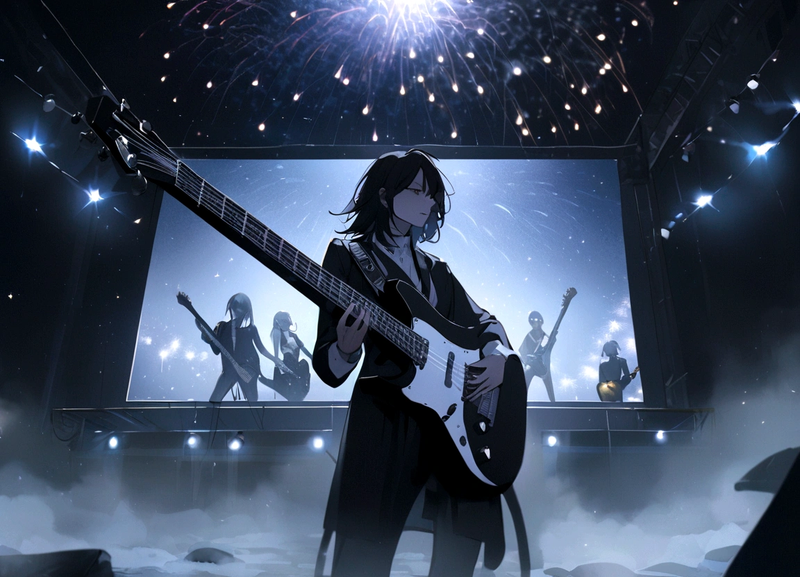 rock band. White guitarist, Until then, Very long black hair, Crazy about black and white electric guitar. Perform on a professional stage with lights, fog, Screens and fireworks. Surreal , Professional Lighting,