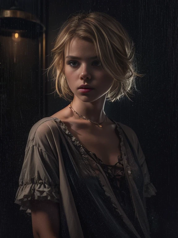 ****ung girl, blonde hair, very small breasts, flat chested, 18yo (best quality:1) , (masterpiece:1), (ultra detailed:1), photorealism, upper body, (looking at viewer:1.1), (indoors, night, darkness, dark room:1.2) side on, short hair, choker, atmospheric lighting, moody and gritty, low key lighting