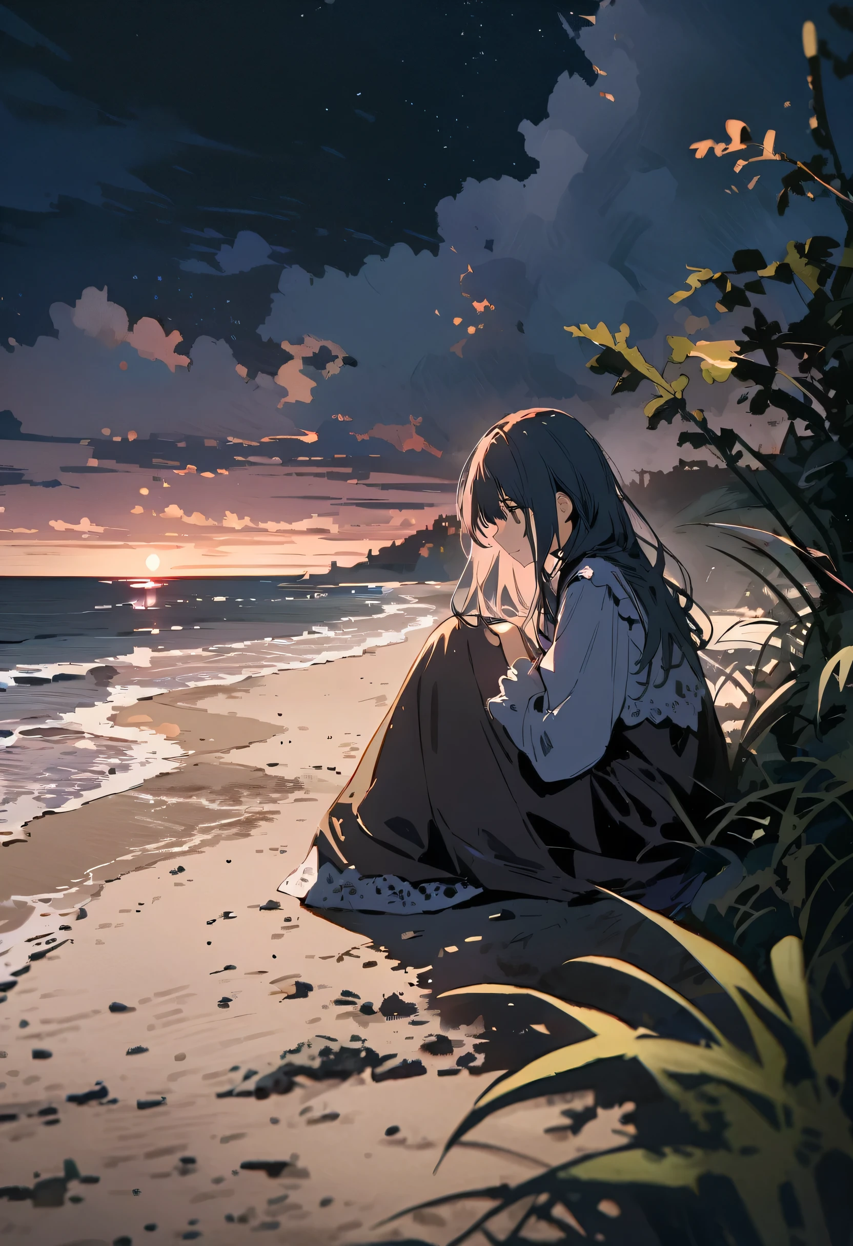 (masterpiece, highest quality: 1.2), Super detailed, Cinema Lighting, High resolution, figure, landscape, One girl, (Soft colors), Post-apocalyptic beach, night, Desolate atmosphere, Girl sitting on the sand, Vegetation Covered, (Cloudy), Waves crashing on the shore, (Depressing but hopeful), A moment of quiet rest, (Detailed Texture), Windblown Hair, Night is cloudy