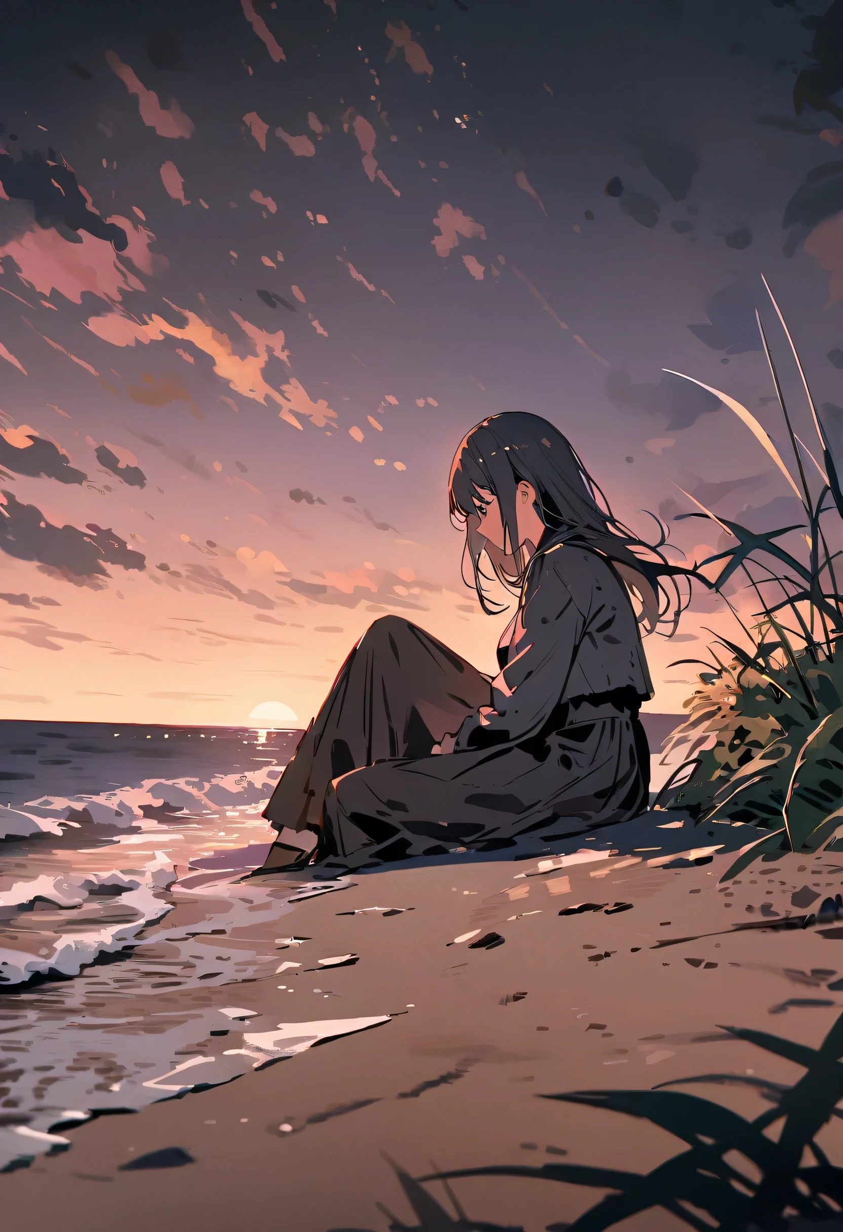 (masterpiece, highest quality: 1.2), Super detailed, Cinema Lighting, High resolution, figure, landscape, One girl, (Soft colors), Post-apocalyptic beach, night, Desolate atmosphere, Girl sitting on the sand, Vegetation Covered, (Cloudy), Waves crashing on the shore, (Depressing but hopeful), A moment of quiet rest, (Detailed Texture), Windblown Hair, Night is cloudy