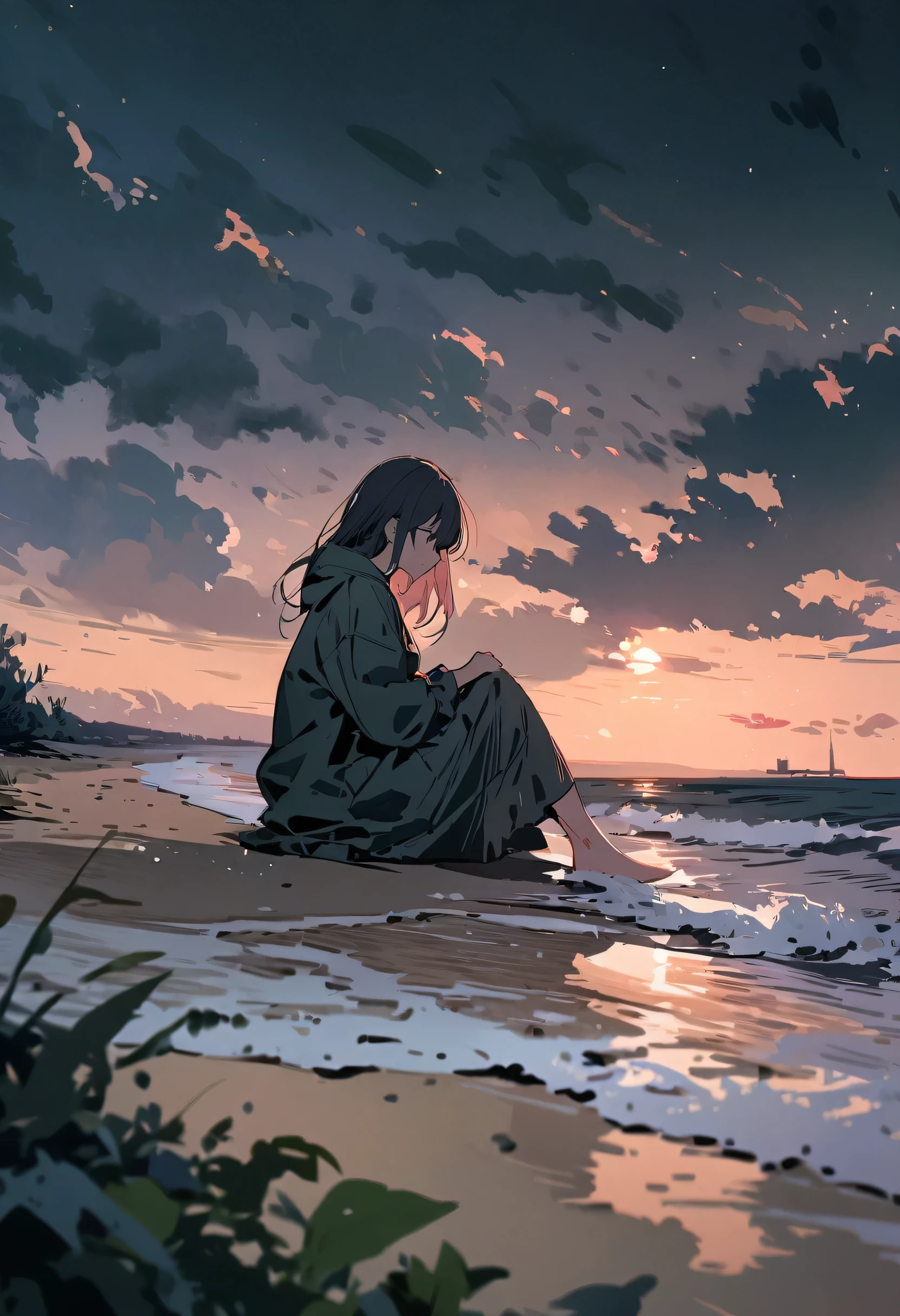 (masterpiece, highest quality: 1.2), Super detailed, Cinema Lighting, High resolution, figure, landscape, One girl, (Soft colors), Post-apocalyptic beach, night, Desolate atmosphere, Girl sitting on the sand, Vegetation Covered, (Cloudy), Waves crashing on the shore, (Depressing but hopeful), A moment of quiet rest, (Detailed Texture), Windblown Hair, Night is cloudy