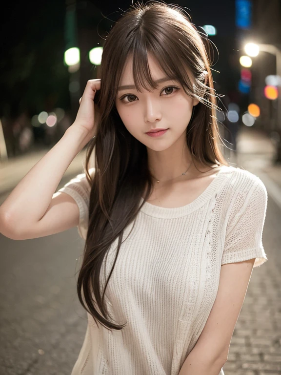 masterpiece, highest quality, High resolution,alone,Brown,artistic,Best lighting,Casual clothing,Flat Chest,Beautiful Face,expensive,smile,light makeup,Age 24,Calm woman,Detailed Hair,Laughing woman,Face Focus,Wavy Hair,Very white skin,Thin eyebrows,Woman in casual dress,outside,night,Background Bokashi,illumination,Low exposure,