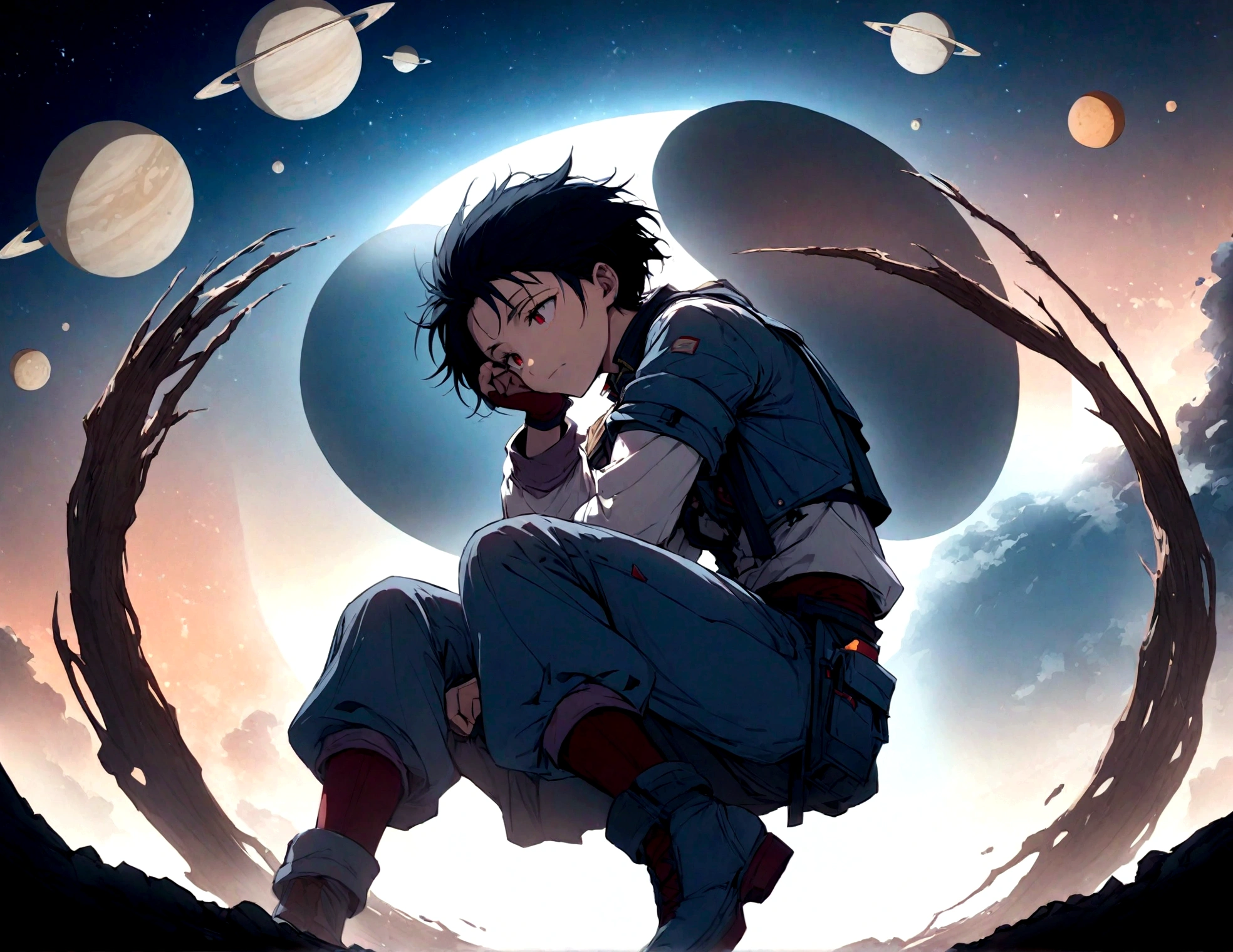 absurd, High resolution, Super detailed, (single human:1.3),
rest
, Create an image using the prism effect, Light refraction，Create colorful, Kaleidoscope appearance.
rest
, Designing images with fisheye lens effect, Capture a wide field of view with a unique perspective, Bent perspective.
rest
, Real universe background, There are huge planets around, Loneliness.
rest
, Describing the world in monochrome, Use only black, White, Gray conveys depth, sentiment, And the shocking visual impact.