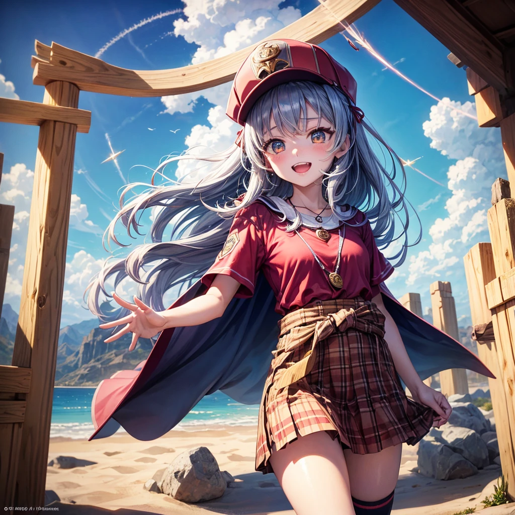 Red Blue Hair、Golden Eyes、Braid、One good looking girl、solo、anime、Checkered mini skirt、Ruffles on the skirt、Red T-shirt、Cape、Gothic、Black knee-high socks、Wearing a baseball cap、Wearing a ribbon、Ribbon on waist、Tilting face、Teeth are visible、Sunset sky、Piercing the clouds、Contrail、Cumulonimbus、Pillar of Light、Silver coin necklace、A world of light、shine、From above、bell、torii、Desert Oasis、water is gushing out、Wearing a name tag、Sparks are flying