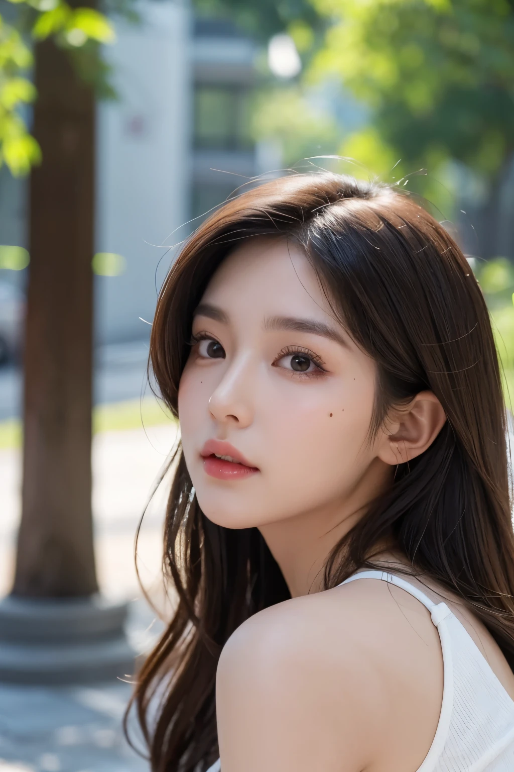 woman　Age 25　Slit eyes　semi-long　Beautiful skin　A small mole around the mouth　The nose is normal　Her hair is brown.　Lips are cod roe　Gal
