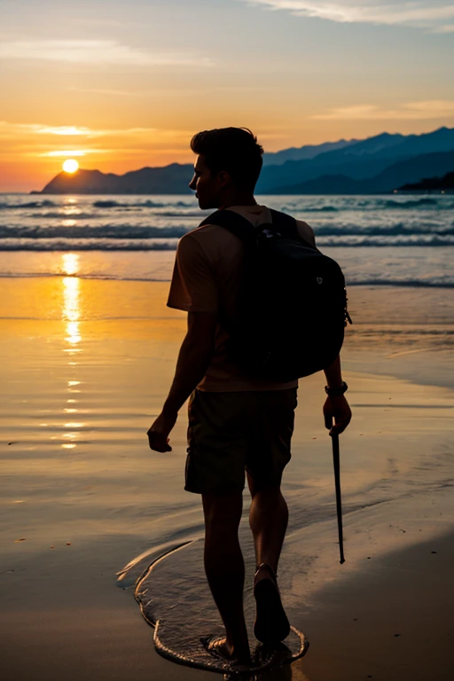 Warrior walking in the sunset sea