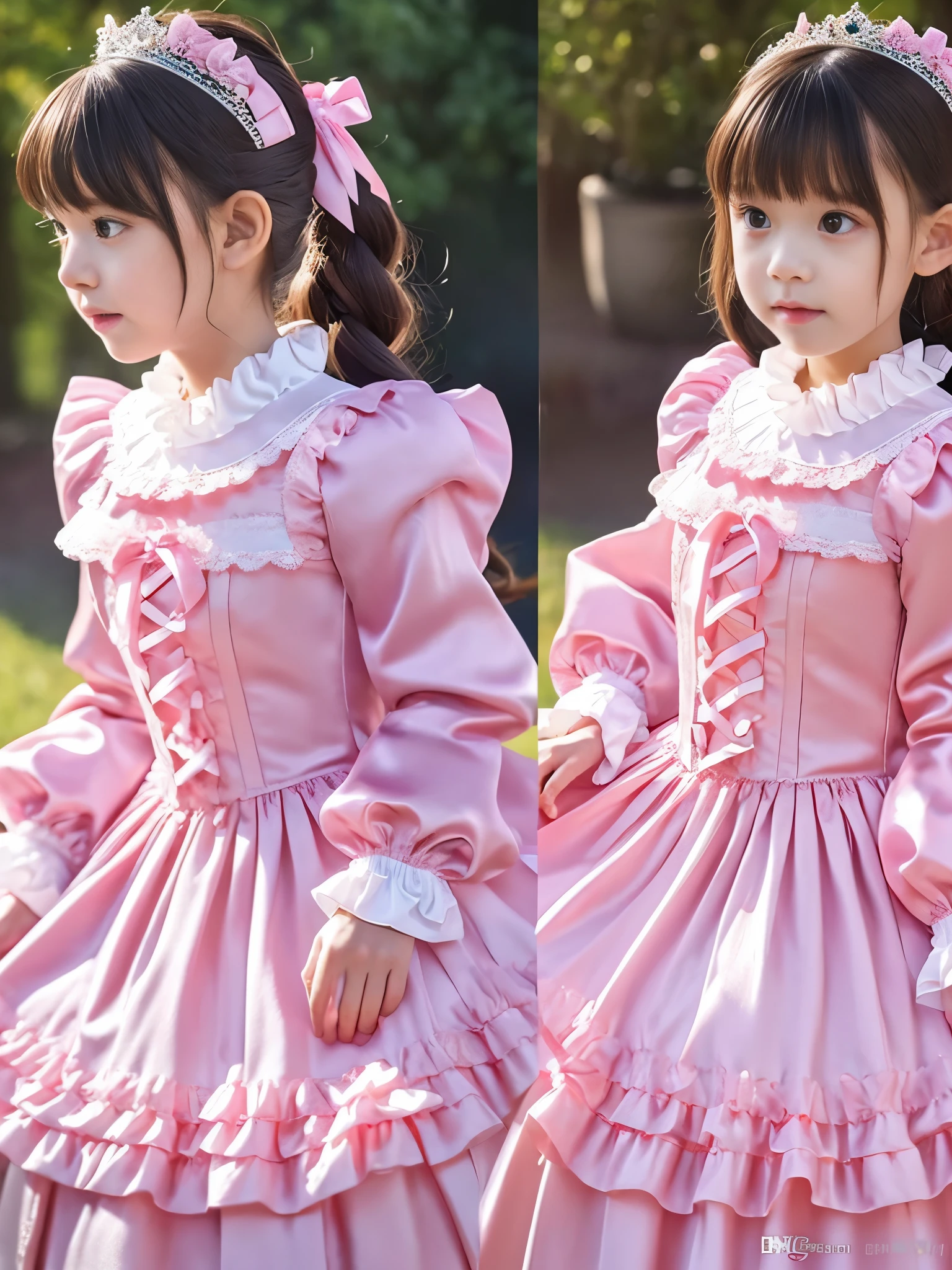 ,highest quality, masterpiece, Highest Resolution, artwork, super それにGet used to it, many Get used to it, Get used to it, それにGet used to it, 3K realistic photos,,((10 year old )),Super detailed baby face,Full-length ball gown dress with princess hoop skirt,Frilled yoke collar,Ribbon woven on chest,Puff sleeves,Long sleeve,((Lolita stylt pink detailed princess satin dress、Lots of frills and ribbons。)),crazy'Colorful Fashion,Shiny silk satin dress,Soft and smooth silk satin fabric,luxury,Long blonde hair,blue eyes,White skin European,pajamas,((Inside the palace)),Happy dancing princess,Gorgeous flowing dress,Fine white ruffles and lace,Fluttering Dress,