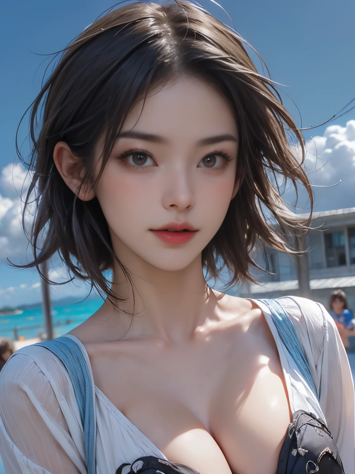 (software:1.8、masterpiece, highest quality),1 girl, alone, hyper Realistic, Realistic,Realistic, Looking at the audience, Light brown eyes:1.4,Brunette Short Bob Hair with highly detailed shiny hair, bright red clothes:1.4, Lepangas:1.4), Mouth closed, Upper Body、big chest eye、eyelash、{Huge|big chest|Hugeな|Mega} whole :2, Chest cleavage:2、(((Add highlights to the eyes:1.4、big chest eye、Short Bob Hair、Glowing Skin:1.4、Looking at the audience、She is very 美しい and cute、Show me your ears、Beautiful long neck、smile、Close your mouth and smile、Bangs and beautiful teeth)))、Ideal body type、((Very beautiful blue sky background with clouds:2、Simple blue sky landscape with clouds:2、Very simple blue sky background:2))、Beautiful long neck:1.4、(({Huge|big|Huge|Mega} chest, Chest cleavage:2))、(((Portraiture:2、Face close-up:2、Face close-up:2)))、Perfect Anatomy, huge firm bouncing bust
