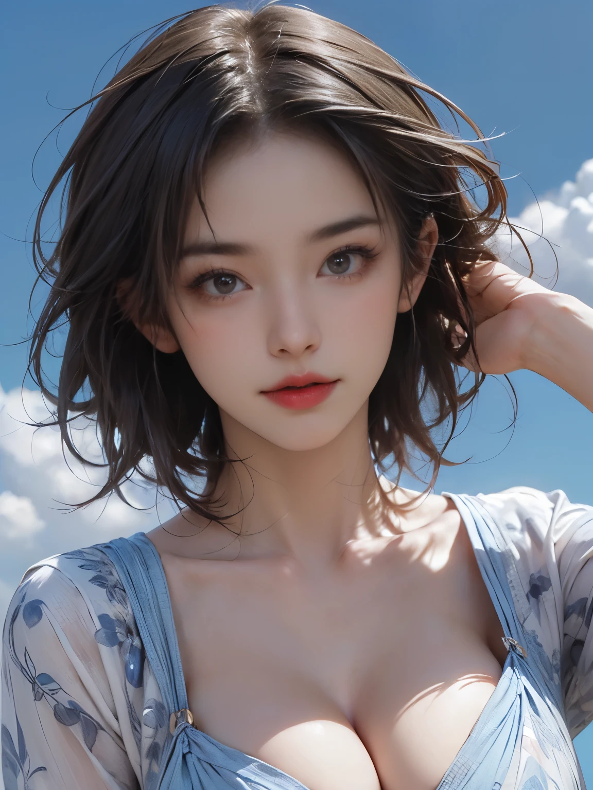 (software:1.8、masterpiece, highest quality),1 girl, alone, hyper Realistic, Realistic,Realistic, Looking at the audience, Light brown eyes:1.4,Brunette Short Bob Hair with highly detailed shiny hair, bright red clothes:1.4, Lepangas:1.4), Mouth closed, Upper Body、big chest eye、eyelash、{Huge|big chest|Hugeな|Mega} whole :2, Chest cleavage:2、(((Add highlights to the eyes:1.4、big chest eye、Short Bob Hair、Glowing Skin:1.4、Looking at the audience、She is very 美しい and cute、Show me your ears、Beautiful long neck、smile、Close your mouth and smile、Bangs and beautiful teeth)))、Ideal body type、((Very beautiful blue sky background with clouds:2、Simple blue sky landscape with clouds:2、Very simple blue sky background:2))、Beautiful long neck:1.4、(({Huge|big|Huge|Mega} chest, Chest cleavage:2))、(((Portraiture:2、Face close-up:2、Face close-up:2)))、Perfect Anatomy, huge firm bouncing bust