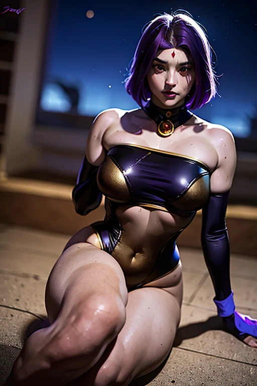 Ravens, 20 years old, purple strapless turtleneck bodysuit, exposed thighs, superhero woman, long gloves, gold headband, sexy pose, purple hair with bob cut, curvy athletic body, light eyes, look for camera, tender facial expression, face photo, romanticism, sandy desert, stones, night sky, moonlight, rays of light, sensual