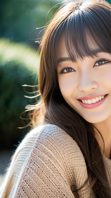 1girl,age30, light brown hair, very long hair, asymmetrical bangs, floating hair, mole under eye, longeyelashes, smile, Surrealism, depth of field, cowboy shot, 35mm, f/16, Canon, super detail, UHD, masterpiece, anatomically correct, textured skin, super detail, high details, high quality, best quality, highres, 16k, (brown poncho style sweater、Give me a sweater、Lifted it himself:1.3)Lace Bra